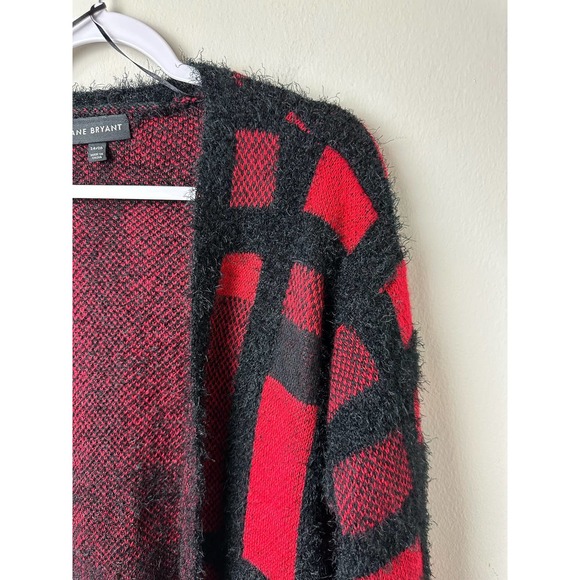 Lane Bryant Women's Open Front Black Red Plaid Eyelash Cardigan 14/16 - Picture 6 of 8